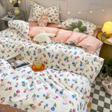 Tineit Pink Tulip Bedding Set No Filler Ins 2025 New Twin Queen Size Comforter Duvet Cover Flat Sheet Pillowcase Boys Girls Bed Linens