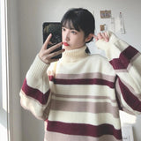 thanksgiving outfit Tineit Zoki Turtleneck Sweaters Women Vintage Striped Fall Winter Casual Thicken Warm Preppy Pullovers Baggy All Match Knitwear Jumper