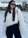 Tineit Elegant Faux Fur Short Jackets Women Loose Solid Round Neck Plush Female Coats 2024 Autumn Winter Lady Fashion Fluffy Outwear