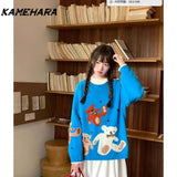 Tineit Sweet Japanese College Style Cartoon Teddy Bear Jacquard Design Pullover Sweaters Autumn Winter Warm Knit Y2k Pullovers