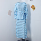 Tineit Elegant Stripe Print Skirt Set Women Fashion Belt Lantern Sleeve Shirt Pleated Long Skirts 2024 Spring Summer Casual Lady Outfit