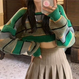 Tineit 2024 Fall Fashion Contrast Color Stripe Loose Crop Sweater