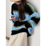 Tineit 2024 Fall Fashion Contrast Striped Pullover Fuzzy Knit Sweater