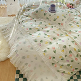 Tineit Ins Princess Bedding Set No Filler Floral Korean Ruffles Duvet Cover Pillowcase Bedskirt Single Queen Size Home Decor Bedspread