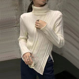 thanksgiving outfit Tineit Zoki Autumn Warm Turtleneck Knit Sweater Women Fashion Split Irregular Slim Chic Pullover Korean Thick Solid All Match Jumpers