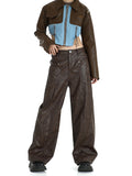 christmas outfit Tineit Women's Vintage Brown Leather Pants 90s Y2k Retro Pippie High Waist Pants Baggy Harajuku Wide Leg Jogger Trousers 2000s Clothes