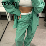 cold weather outfits Tineit 2024 Spring Summer Casual Striped Women Suits Fashion Vintage Single Breasted Shirts+High Waist Drawstring Ladies Pants