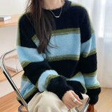 Tineit 2024 Fall Fashion Contrast Striped Pullover Fuzzy Knit Sweater