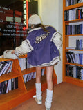 Tineit 2024 Fall Fashion Embroidery Lavender Varsity Jacket