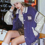 Tineit 2024 Fall Fashion Embroidery Lavender Varsity Jacket