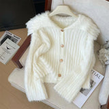 thanksgiving outfit Tineit Faux Mink Cardigan Women White Single-Breasted Elegant Solid Basic Sweater Doll Collar Lazy Vertical Pit Stripes Knit Jumpers