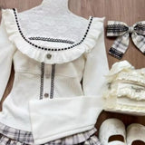 Tineit Cute Soft Girl Style Gray White Checkered Lace Patchwork Short Skirt Bow Waist Cinching Patchwork Top Autumn Y2k Sets