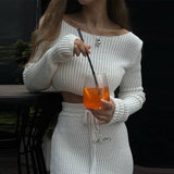 Tineit Knitted Elegant Sweater Skirts Set Women Long Sleeve Slim Short Pullover Top Split Bodycon Skirt Suits 2 Pieces Chic Solid