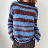 Tineit Mohair Striped Sweater Women Contrast Color Knitted O-neck Long Sleeve Loose Chic Pullover Female 2025 Winter New Top Pollover