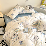 Tineit Cute Dog Bedding Set No Filler Ins Cream Blue Duvet Cover Flat Sheet Pillowcase Kids Adults Fashion Soft Comforter Cover