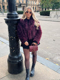 Tineit Women's Fashion Burgundy Faux Fur Cropped Coat Elegant Lapel Thick Warm Fluffy Furry Jackets Lady Chic Fall Winter Plush Outwear