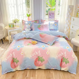 Tineit Korean Pink Rose Duvet Cover Set Soft Green Flat Sheet Quilt Cover Pillowcase Bed Linen Twin Queen Full Size Floral Bedding Set