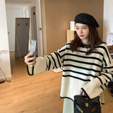 thanksgiving outfit Tineit Korean Striped Sweater Women Loose Side Split Chic O-Neck Knit Pullover Pretty Style Casual Fall Winter Lazy Vintage Jumpers