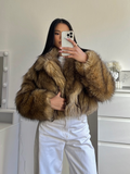 Tineit 2025 Chic Faux Fox Fur Warm Cropped Coat For Women Winter Thicken Lapel Long Sleeve Fluffy Jacket Female Fashion Thermal Outwear