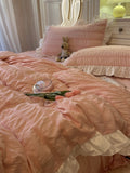 Tineit Pink Ruffled Seersucker Duvet Cover Set 3/4pcs Soft Lightweight Down Alternative Grey Bedding  with Bed Skirt and Pillowcases