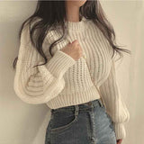 thanksgiving outfit Tineit Zoki Autumn Knit Short Sweaters Fashion Sexy Hollow Out Long Sleeve O Neck Solid Pullover Loose Korean All Match Crop Jumper New