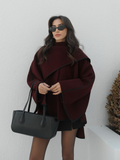 Tineit Burgundy Chic Contrast Edge Scarf Collar Woolen Jacket Elegant Women's Long Sleeve Loose Coat 2025 New Fall Lady Fashion Outwear