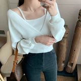 thanksgiving outfit Tineit Autumn Fake Two-Piece Sweater Women Knitted Solid Slim Long-Sleeved Pullover Fashion Casual Sweet Pretty Style Female Tops