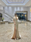 Tineit Elegant Mermaid Off The Shoulder Ruffles Satin Slit Prom Dresses Evening Dress (PRE-ORDER)