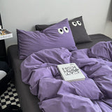 Tineit Ins Style Nordic Bedding Set No Filling Duvet Cover Pillowcase with Cute Eye Embroidered Solid Color Single Queen Size Bed Linen