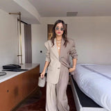 Tineit Contrast Color Blazer Coat Pants Sets Women Single Breasted Notched Loose Jacket Wide Leg Trousers Suits 2 Pieces Female Outfits