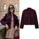 Tineit Autumn Winter Women's Fashion Burgundy Street Jacket Retro O-neck Long-sleeved Pocket Single-breasted Casual Jacket For Women