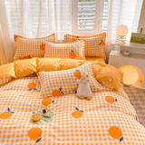 Tineit Ins Orange Checkerboard Duvet Cover Flat Sheet Pillowcases Twin Full Double Size Pink Blue Bedding Set Home Decor For Kids Adult