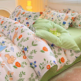 Tineit Cute Rabbit Carrot Bedding Set Soft Green Flat Sheet Quilt Cover Pillowcase Bed Linen Twin Queen Full Size Floral Duvet Cover