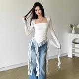 Tineit Spicy Girl Fairy Style Lotus Leaf Edge Square Neck Thin Long Sleeve White T-shirt Women Top Mesh Sexy Irregular Slimming Y2k Top