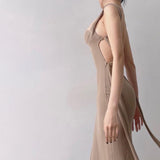 Tineit Dark Beige Square Neck Back Strap Midi Dress