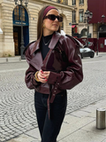 Tineit 2024 Chic Wine Red Women's Lapel Leather Jacket Fashion Belted Long Sleeves Cropped Biker Coat Autumn Female New High Streetwear