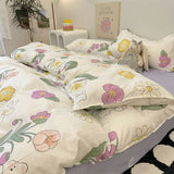 Tineit Floral Korean Style Duvet Cover Set No Filler Pillowcase Flat Sheet Twin Queen Size Boys Grils Romantic Bedding Kit