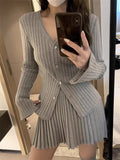 Tineit 2025 Autumn Grey Knitted Suit for Women Korean Slim Short Cardigan Top High Waist Fashion Skirt Suit Outfit 2 Piece Set Chic