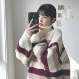 thanksgiving outfit Tineit Zoki Turtleneck Sweaters Women Vintage Striped Fall Winter Casual Thicken Warm Preppy Pullovers Baggy All Match Knitwear Jumper