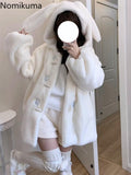 Tineit Cute Rabbit Ears Hooded Lolita Plush Jacket Women Autumn Winter New Thickened Warm Corner Buckle Mid-length Plush Jacket Student