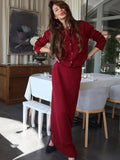 Tineit Knitted Red Vintage Cardigans Skirt Suits Women 2 Pieces Single Breasted Lapel Long Sleeve Sweater Long Skirts Sets Elegant Chic