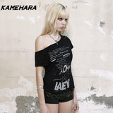 Tineit Y2K Dark Letter Printed Diagonal Shoulder Loose Short Sleeve Millennium Spicy Girl Niche Street Sexy Backless T-Shirts