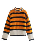 Tineit Striped Knitted Contrast Color Sweater Women Turtleneck Knitted Loose Long Sleeve Pullover Tops Female 2025 Winter Chic Jumper