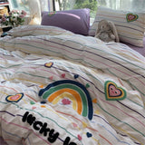 Tineit Korean Ins Dopamine Rainbow Embroidered Washed Cotton Bedding set Duvet Cover Home Luxury No Filling Bedding Set Bed Sheets