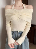 Tineit Solid Halter Ruched Cold Shoulder Sweater