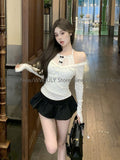 Tineit New Off  Shoulder Ruffled Polka Dot Casual Long Sleeve T-shirt Women + Bow Splicing Sexy Lace Camisole Two-piece Suit Chic