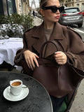 Tineit Vintage Women's Solid Lapel Woolen Cropped Coat Fashion Belted Double Breasted Full Sleeve Jackets Female Autumn Commute Outwear