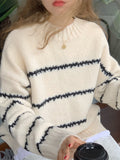 thanksgiving outfit Tineit Knitted Striped Pullover Sweaters Women Casual Loose Warm O-neck Long Sweater Female Autumn Elegant Chic Simple Daily Knitwear