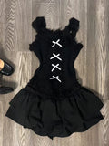 Tineit Y2k Woman Gothic Black 2 Piece Set Spicy Girls Slim Tank Tops Basic Vest + Sweet  Kawaii Mini Skirt Harajuku Fashion Set Chic