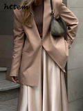 Tineit Elegant Blazers Satin Skirt Sets Women Loose Open Stitch Suit Coat Pleated  Solid A Line Skirt 2024 Autumn Lady Commute Outfits